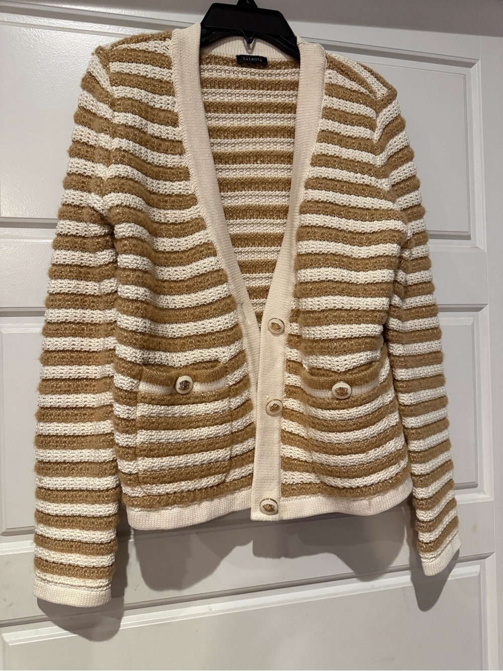 Talbots Cream and Tan Striped Button-Front Cardigan